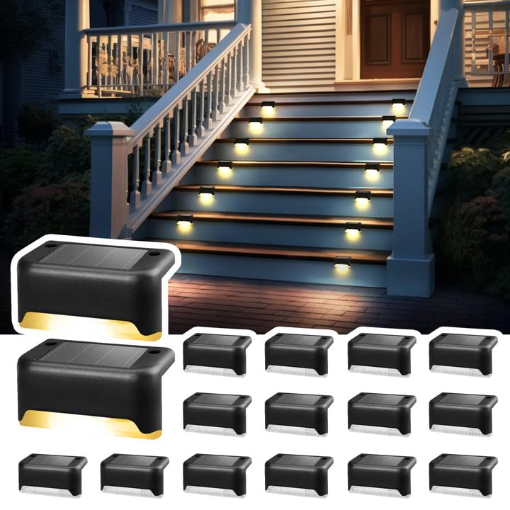 Solpex Pacote de 16 luzes solares impermeáveis para escadas ao ar livre, degrau, cerca, pátio e estrada (preto, branco quente)