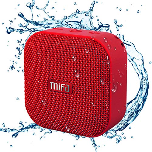 MIFA Mini altifalante portátil Bluetooth 4.2 impermeável IP56 e tecnologia True Wireless Stereo & DSP, anti-pó com 15 horas contínua e cartão de microSD, microfone incorporado, vermelho