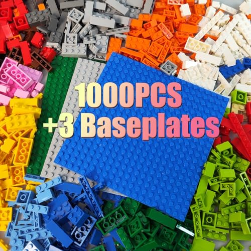 HUIZDQ 1000 Blocos, 3 placas de base clássicas empilháveis, placas de base azul, cinzento e verde de 6,3 " x 6,3", compatíveis com as principais marcas
