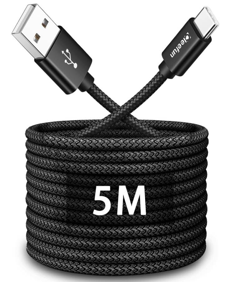 CLEEFUN Cabo USB C 5 M, cabo USB para USB C longo carregamento rápido para comando PS5, para Xbox controlador Series One/X/S, Galaxy S25 S24 S23 Ultra, câmara de vigilância