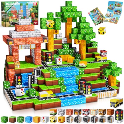 Blocos magnéticos: 150 blocos de construção magnéticos Road Forest cubos magnéticos, brinquedos magnéticos para presentes de aniversário Montessori para crianças, brinquedos de construção