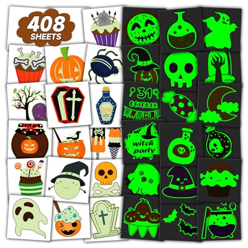 408 Folhas de tatuagem temporárias de Halloween, tatuagens fluorescentes presente para crianças, autocolantes adesivos para festa Halloween, tatuagem decoração acessórios de Halloween para meninos