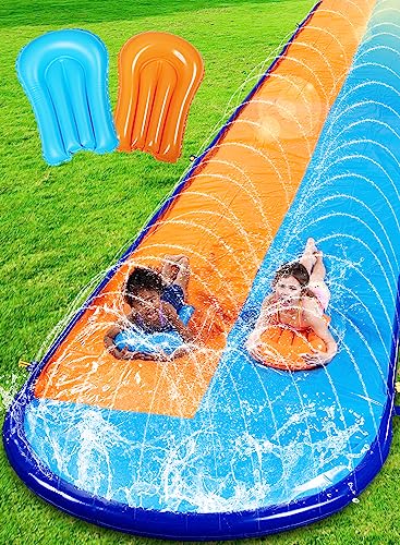 Sloosh 22,5 pés x 62 polegadas/685,8 x 157,5 cm, escorrega de água dupla para relva, escorrega resistente com pulverizador e 2 tábuas insufláveis, festa de verão, jardim, atividades aquáticas ao ar