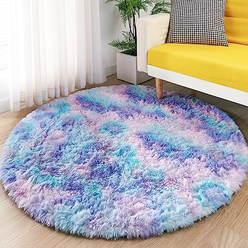 ROHATIM Tapetes de sala redonda de cabelo comprido tapete de quarto quarto lavável tapete antiderrapante muito macio para sala de estar ou quarto, tapete esponjoso de cama (violeta azul, Ø 150 cm