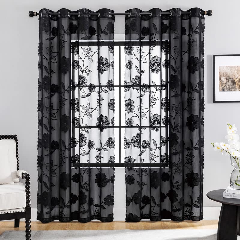 Treatmentex Cortinas translúcidas, cor-de-rosa, de renda com riscas, sala para janela de quarto, modernas, decorativas macias, com 8 ilhoses, 2 peças, preto, 140 x 260 cm