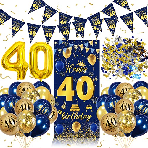 Decoração 40 aniversário para homem, 40 anos feliz aniversário bandeira azul ouro, balões de 40 aniversário festa, 40 confetes aniversários, faixa 40 aniversário fundo cartaz Photocall fundo para