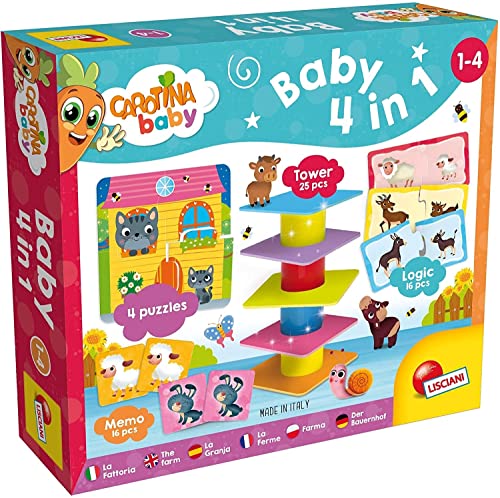 Lisciani - Carotina BABY Jogos de 4 em 1 - coleção educativa para crianças dos 2 aos 4 anos - inclui torre de equilíbrio, memória e jogos de lógica, jogo criativo e educativo para crianças