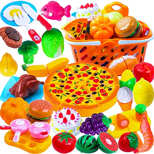 Alimentos para brincar, crianças a cortar brinquedos com cesta, corte de frutas e alimentos falsos, comida de brinquedo multicolorido para crianças pequenas, brinquedo educativo para a idade 3 (037)