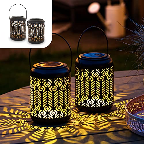 Gadgy Lanternas solares exteriores | Conjunto de 2 luzes de jardim e terraço, luzes LED, luz solar de metal preto e dourado, IP65 impermeável