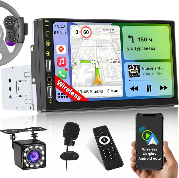 Inefala Wireless Carplay rádio 1 DIN com ecrã tátil de 7 polegadas, auto-rádio Bluetooth com Android Auto Wireless FM rádio USB SWC Mic+câmara traseira