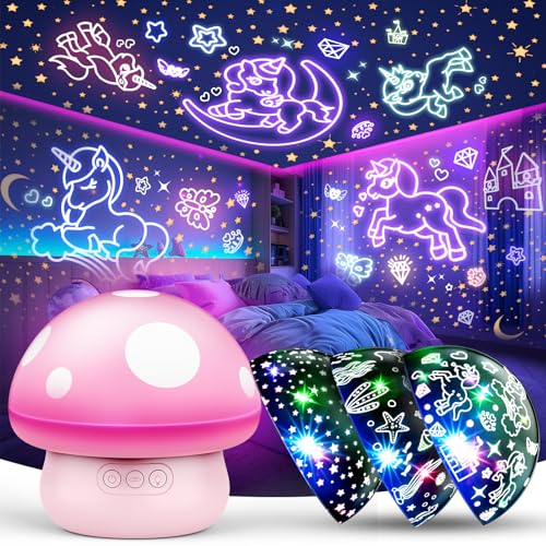 Hapikids Unicórnios para meninas, unicórnio presente criança 2 3 4 5 anos lâmpada cogumelo projetor estrelas unicórnio luz noturna infantil candeeiro bebé brinquedos crianças 2 3 4 5 6 7 anos