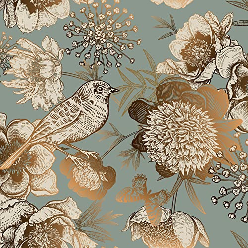 ReWallpaper 44,5 cm × 7 m papel de parede pássaros e flores papel de parede verde e dourado mural autocolante parede vintage vinil adesivo móveis flores autocolante papel de parede casa de banho