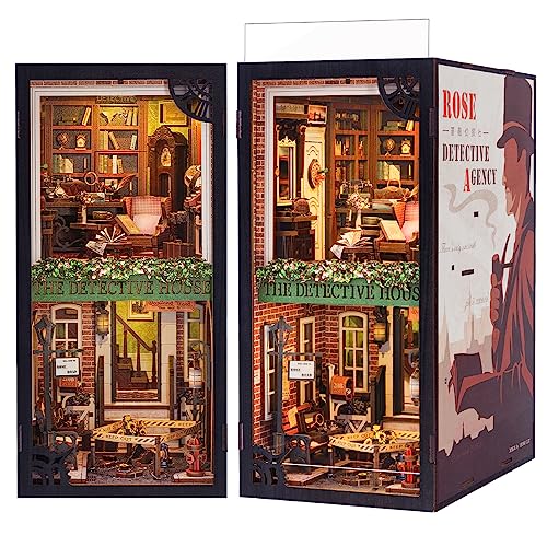CUTEBEE DIY Book Nook Kit - Casa de bonecas em miniatura de madeira com móveis e luzes LED, decoração criativa de inserção de estante (Rose Detective Agency)