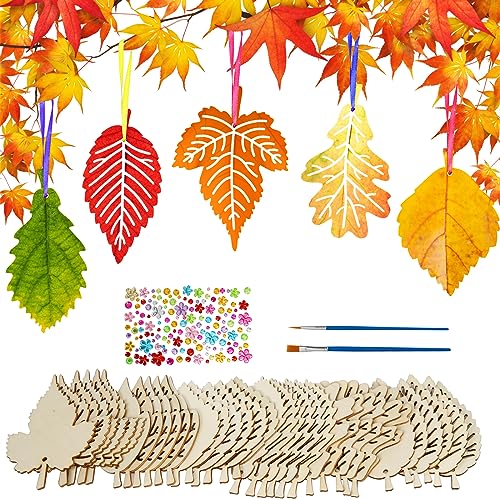 LOPOTIN 36 peças criativas de madeira para crianças-seis formas diferentes de folhas com pincéis, cordão de cores DIY kit artístico de madeira artesanato de outono para crianças presente de