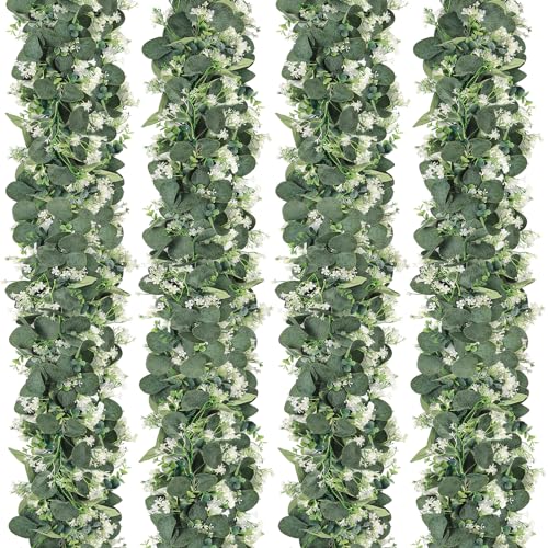 SOMYTING 4 grinaldas de eucalipto artificial com flores brancas, dólar de prata, grinalda verde, planta artificial, caminho de mesa de eucalipto para fundo, casamento, decoração de mesa