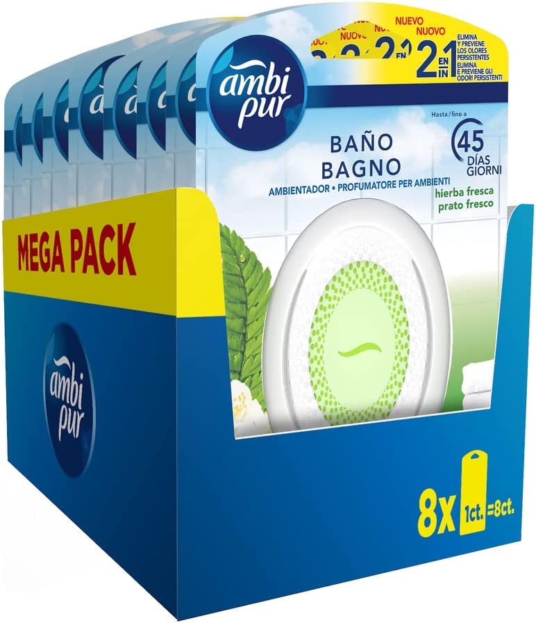 Ambipur Ambientador casa de banho (8 x 50 dias), elimina e evita odores ruins, fragrância erva fresca, mega pack, a embalagem pode variar