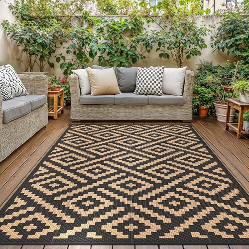 GENIMO Tapete exterior com terraço, impermeável reversível de plástico, tapete para churrasco exterior para jardim, piquenique, varanda, romo castanho preto, 275 x 365 cm