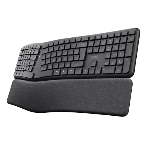 Trust Arvia Teclado ergonómico sem fios silencioso QWERTY espanhol Bluetooth 2,4 GHz, teclado Bluetooth multidispositivo dividido com suporte para mãos, PC computador portátil Mac, preto