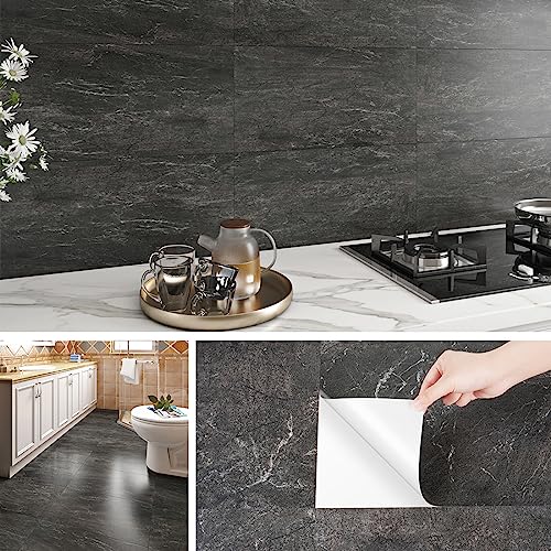 Livelynine Azulejos autocolantes cozinha cinzento escuro autocolante parede casa de banho 60 x 30 cm lavável lamas vinil autocolantes parede autocolante parede cozinha chão vinil autocolante sala de