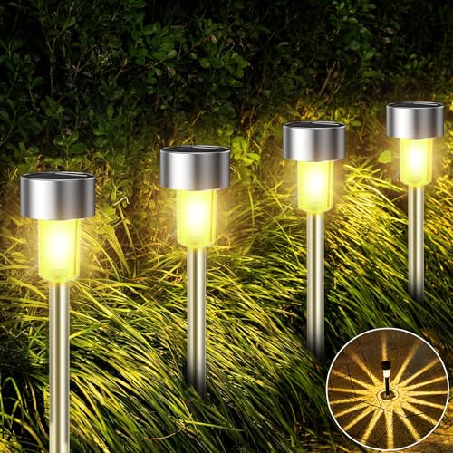 Qoosea Luzes solares jardim LED, 10 peças de luz solar exterior decorativa, IP65 impermeável, iluminação branca quente para pátio, relvado e caminhos
