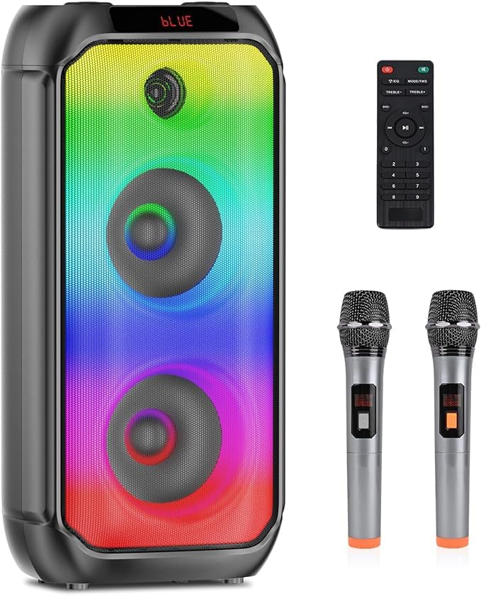 Altifalantes Bluetooth com 2 microfones sem fios, máquina de karaoke portátil, sistema de megafonia com luzes LED, altifalante Bluetooth para karaokê, compatível com cartões TF/USB, entrada AUX, TWS