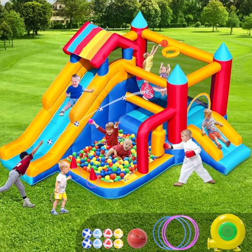 Castelo insuflável para crianças, FOOING 9 em 1 casa insuflável com ventilador de ar, trampolim, escorregã, prateleira de basquetebol, parede escalada, casa insuflável interior ao ar livre para festa