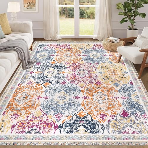 Enyhom Tapete vintage para sala de estar, grande, macio, antiderrapante, de cabelo curto, lavável, envelhecido, para cozinha, casa de banho, sala de estar (colorido, 160 x 230 cm)