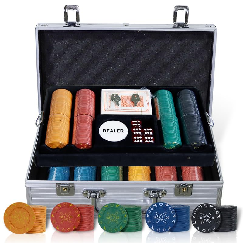 CCLIFE Jogo de poker profissional mala de alumínio de poker Set 500 chips, baralhos de cartas, distribuidor, cego pequeno, Big Blind Buttons, tapete e 5 dados