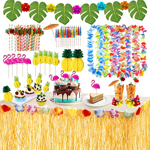 URBZUE Havaiano Luau Saia de mesa conjunto de decoração, de festa tropical de 9,6 FT com 12 grinaldas e 2 ananás 3D, folhas de palmeira, flores havaianas decorações de mesa de festa Tiki de verão