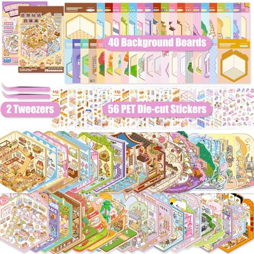 40 Sets Libro de Pegatinas 3D con Escenas, House Stickers, Sticker Therapy, DIY Stress Relief Sticker Scenes with 56 PET Pegatinas, 40 Miniature Scene, 2 Pinzas, for Adulto Niño Adolescente