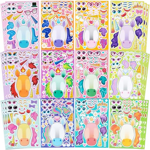 JOYIN 36 folhas de autocolantes em forma de rosto, faça o seu próprio unicórnio, misture e combine folhas de autocolantes com animais de fantasia de unicórnio, material para festas infantis,