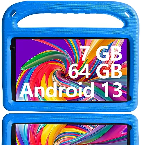 Newest Tablet crianças Android 13 7 GB RAM+64 GB ROM, tablet para crianças de 7 polegadas, WiFi, Bluetooth 5, educação jogos, playstore dupla, controlo parental, com EVA capa (azul)