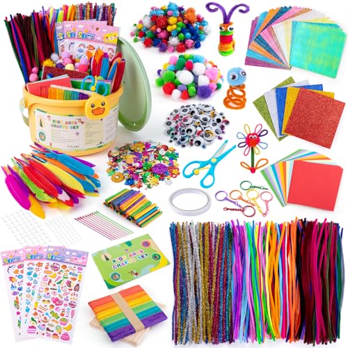 Caixa artesanato crianças, DIY Art Supplies kit de artesanato com Pipe Cleaners, Pompoms, Wiggle Eyes e Craft Sticks cores, kit de artesanato criativo para meninas 3 anos