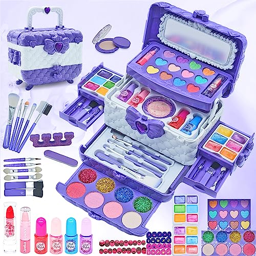 Kit de maquilhagem para crianças - 57 peças lavável de maquilhagem para meninas, conjunto de maquilhagem e não tóxico, presente de princesa para meninas, aniversário para meninas com mais de 4 5 6 7 8