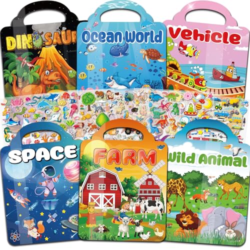 OSIMIG Conjunto de 6 livros de autocolantes reutilizáveis, 300 autocolantes 3D inchados, autocolantes para crianças a partir dos 2 anos e 4 anos: dinossauros, animais, mundo subaquático, quinta
