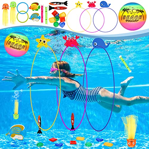 MutoToy® Brinquedo de mergulho, 27 peças conjuntos de água para crianças com bola de praia, brinquedos de piscina para crianças de verão com saco de armazenamento para treino de mergulho