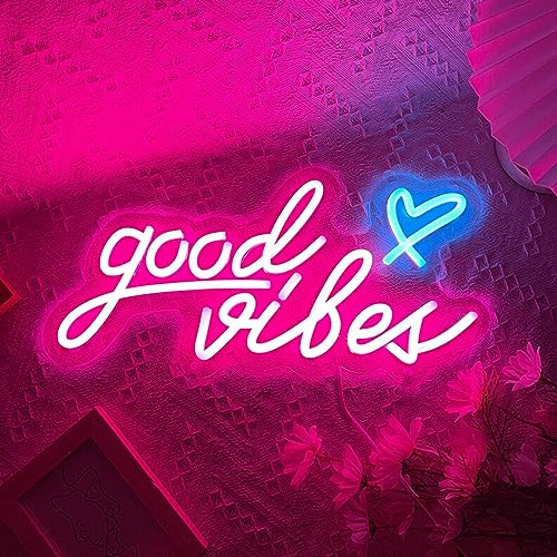 Good Vibes néon rosa com corações azul gelo, USB para quarto, quarto infantil, casamento, festa, bar, decoração de parede