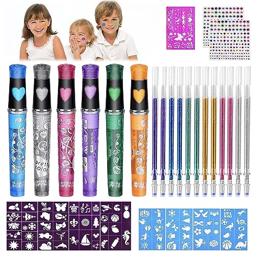 Mkitnvy 6 marcadores de tatuagem para crianças, tatuagens roxas, kit de tatuagem temporário para meninas, com 9 modelos + 2 autocolantes de diamantes, jogo menina menino para festa de dia das bruxas