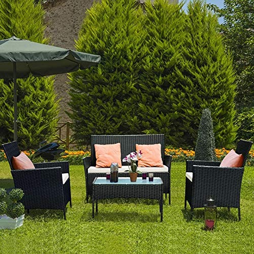bigzzia. Conjunto de móveis de jardim de vime, 4 peças, móveis de vime para pátio, 2 poltronas, 1 sofá de dois lugares e 1 mesa (preto)