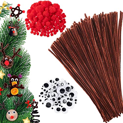 400 peças Limpador de cachimbos castanho Set, chenille trabalhos manuais, tamanhos, limpador de cachimbos Natal com pompons vermelhos, olhos autocolantes, adequados para bricolage natalícia feito à