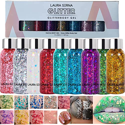 9 peças gel de brilho corporal, lantejoulas de sereia Chunky brilho rosto cabelo unhas lábios gel de brilho loção brilhante duradoura brilho líquido sombra de olhos